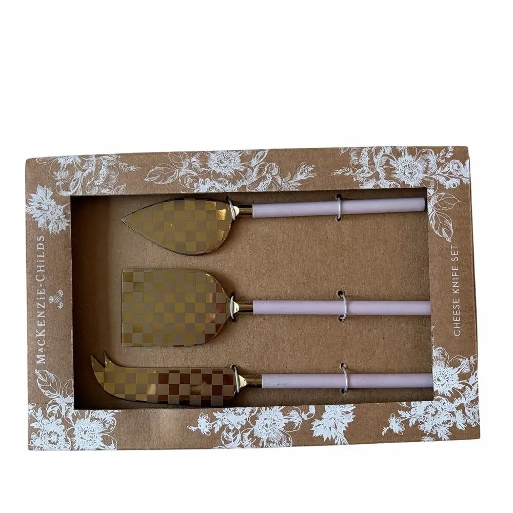NEW MacKenzie-Childs Rosy Checked Cheese Knife Set of 3 in Original Box
